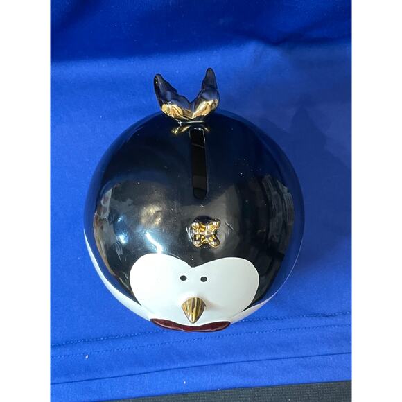 Round Porcelain Black and White Penguin Coin Bank - Picture 1 of 7